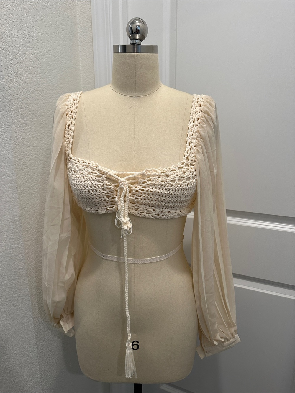 Crochet Tie-Front Crop Top with Sheer Puff Sleeves - Cream deadstock hobo
